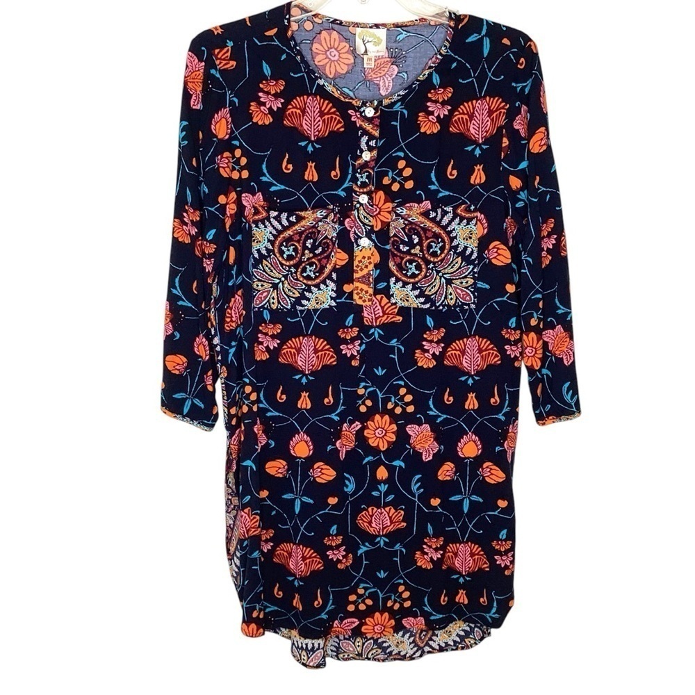 Anthropologie Fig and Flower Dress Tunic Top Sz M Blue‎ Orange Boho Floral EUC